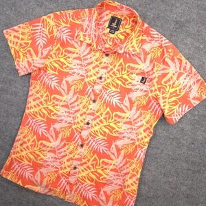 Hinano Tahiti Shirt Mens L Orange Hawaiian Floral Aloha Short Sleeve Button Up